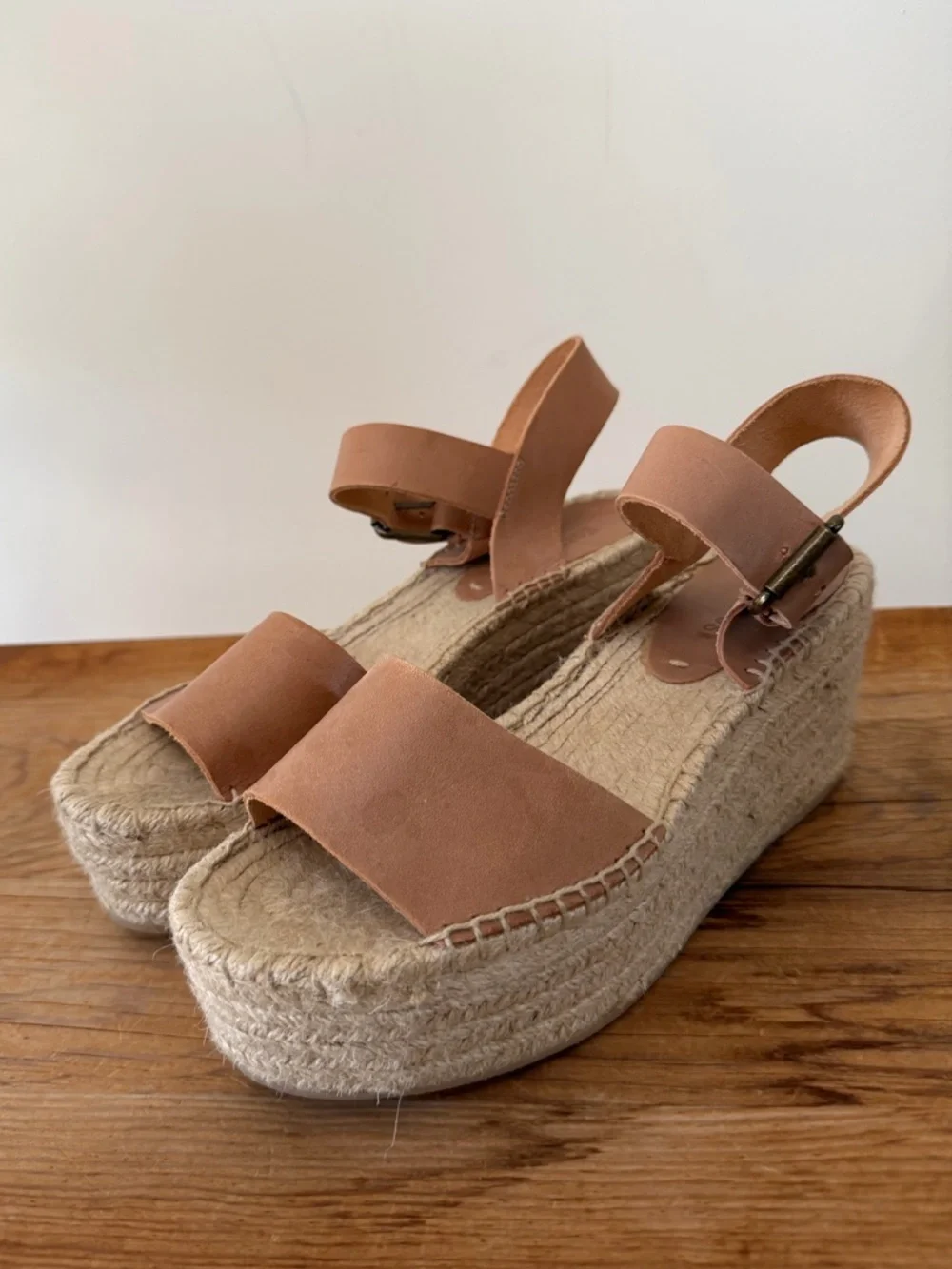 Soludos Minorca Platform Wedge Brown Leather Espadrille Sandals Nude Women’s 8.5